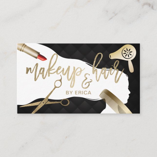 Hair & Makeup Beauty Salon Black & Gold Typography Business Card (Front)