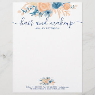 Hair makeup blue peach floral watercolor details custom letterhead