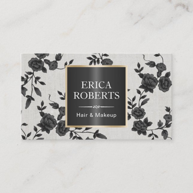 Hair & Makeup Elegant Black Floral Appointment Card (Front)