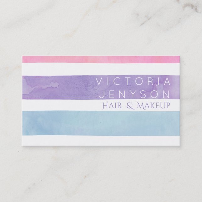 Hair makeup pastel watercolor purple teal stripes business card (Front)