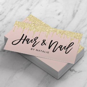 Hair & Nail Salon Gold Drips Blush Pink Typography Business Card