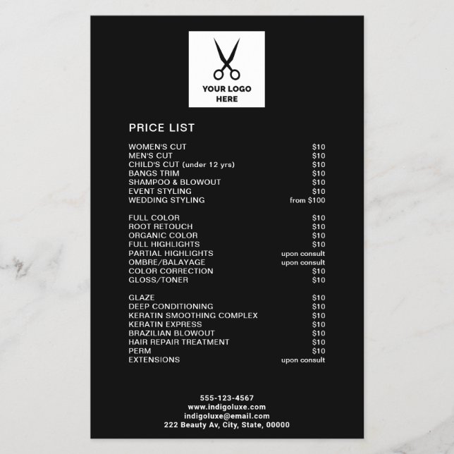 Hair Salon Add Your Logo Black Price List Flyer (Front)