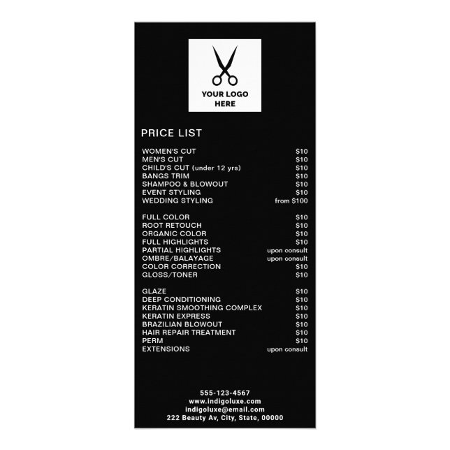 Hair Salon Add Your Logo Black Price List Rack Card (Front)