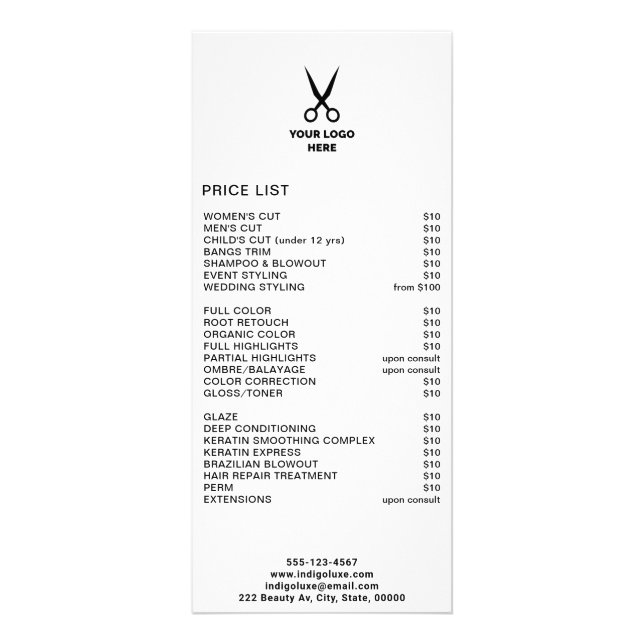 Hair Salon Add Your Logo Service Menu Price List (Front)