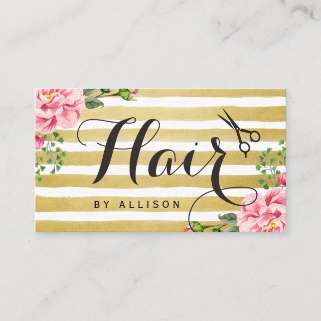 Hair Salon Appointment Card Trendy Gold Stripes (Front)