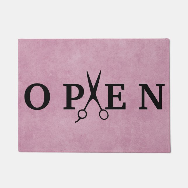 Hair Salon Black Scissor Open Welcome Doormat (Front)