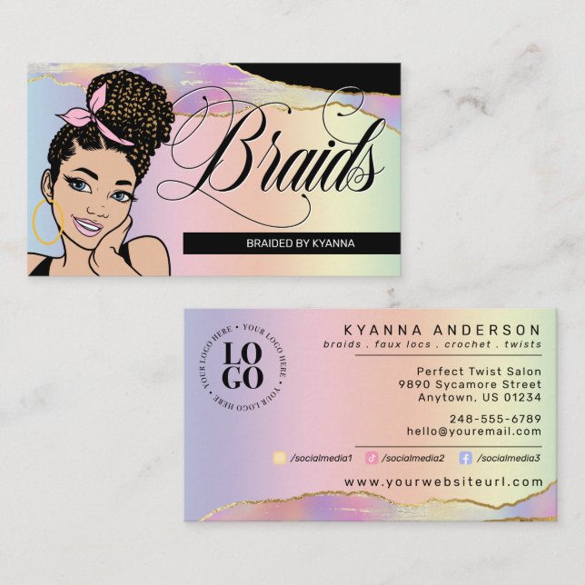 Hair Salon, Braid Stylist, Braiding, Pretty Pastel Business Card (Front/Back)