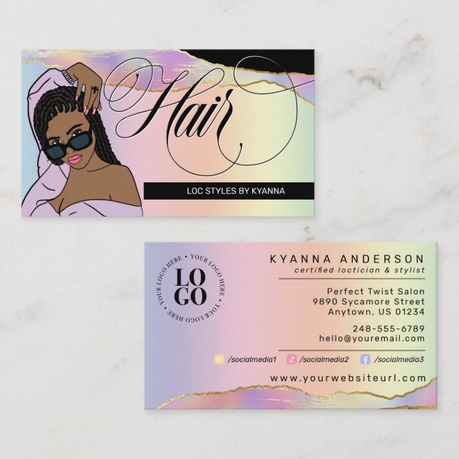 Hair Salon, Braid Stylist, Loctician Glam Pastel B Business Card (Front/Back)