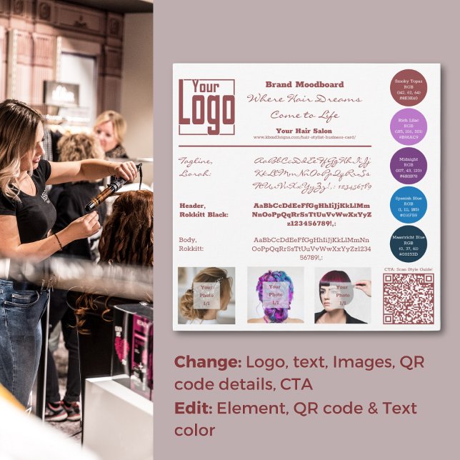 Hair Salon Brand Moodboard Card (Hair Stylist Brand Identity Card, Logo, Type, Impression, Brand Colors)