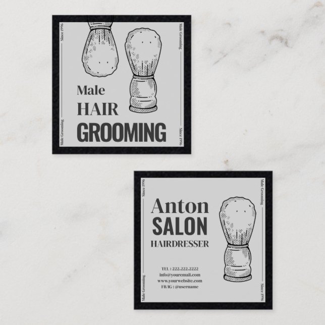 Hair Salon Brush Barber chic CUSTOM Black Square Business Card (Front/Back)