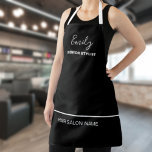 Hair Salon Business Name Employee Job White Black Apron<br><div class="desc">An elegant simplistic design for the uniform of a hairdressers or beauticians or similar with the salon name at the bottom beneath a single white line, and employee name and job title in white at the top. Easily personalise the text and you can also change text and black background colours...</div>