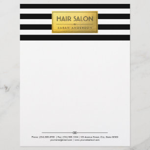 HAIR SALON - Classy Gold Label Black White Stripes Personalised Letterhead