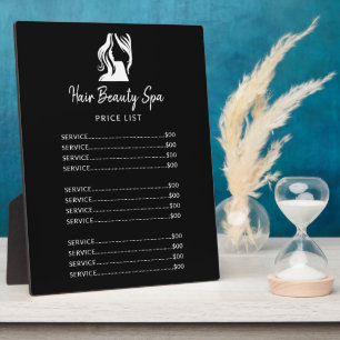Hair salon elegant black and white menu price list plaque