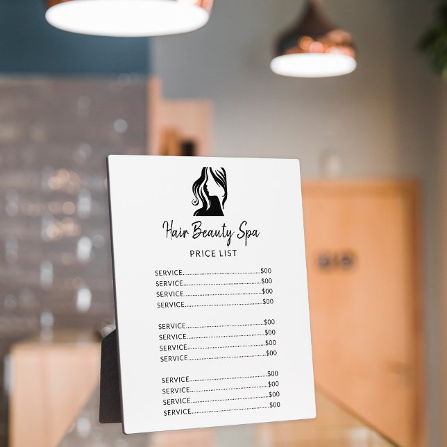 Hair salon elegant white and black menu price list plaque (Creator Uploaded)