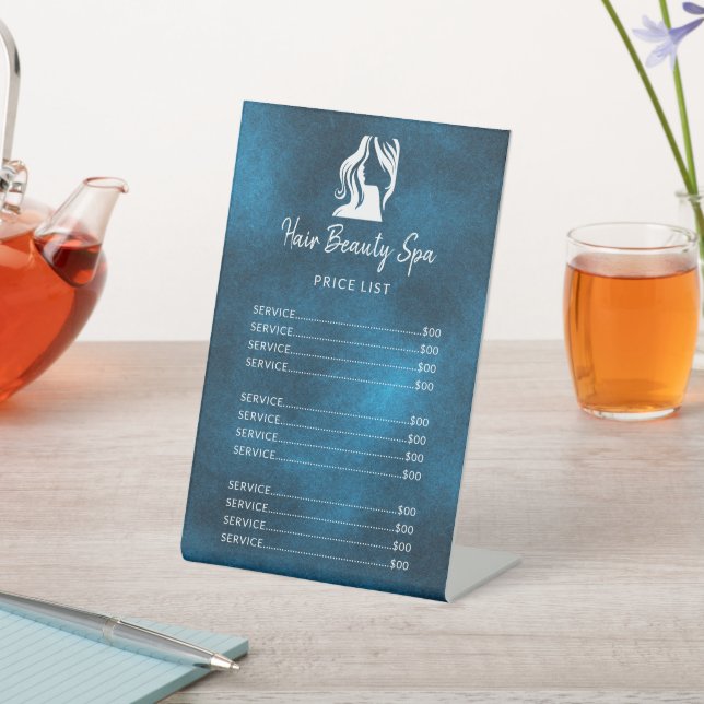 Hair salon elegant white and blue service menu pedestal sign (In SItu)