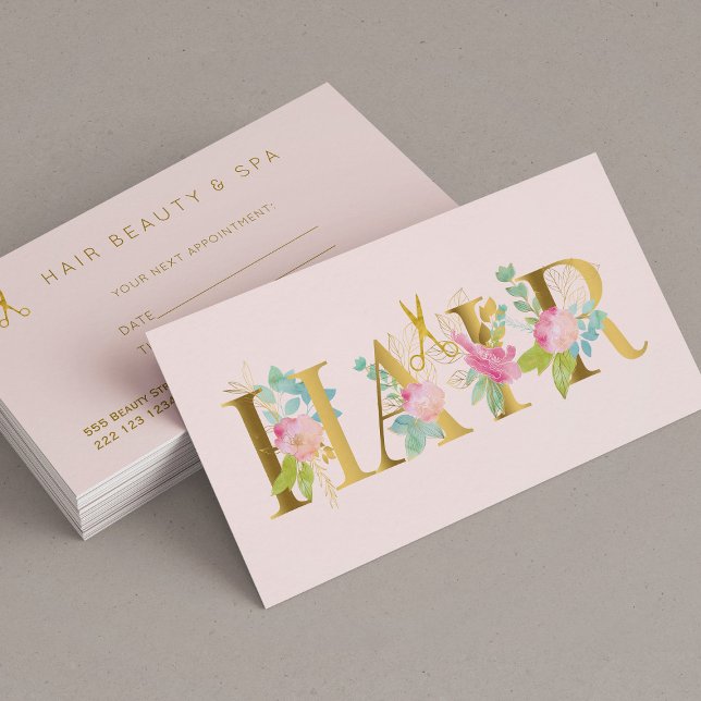 Hair salon faux gold pink blush luxury appointment business card (Creator Uploaded)