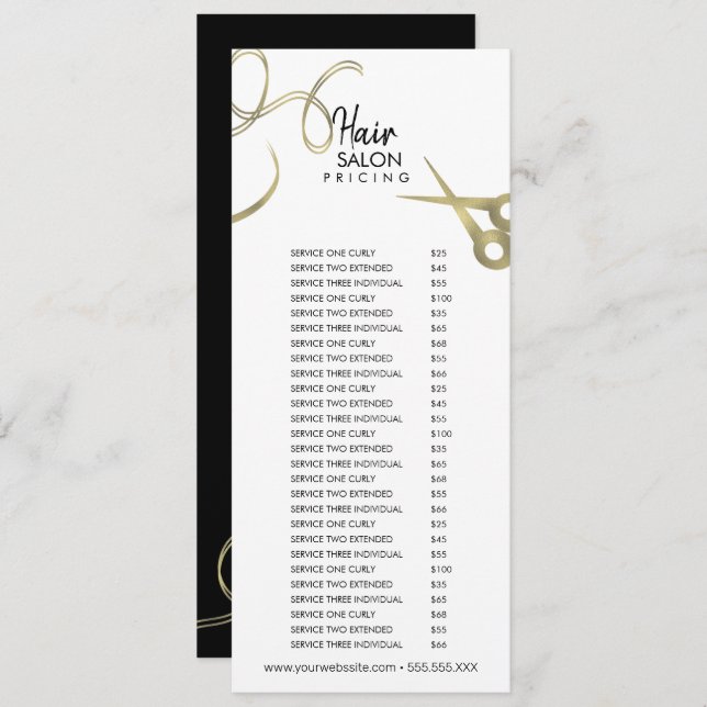 Hair Salon Flyer Pricing List Gold Black Menu Invitation (Front/Back)