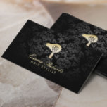 Hair Salon Gold Blow Dryer Logo Elegant Damask Business Card<br><div class="desc">Hair Stylist Gold Blow Dryer Logo Elegant Dark Damask Business Cards.</div>