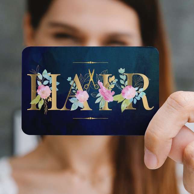Hair salon gold blush pink navy luxury glam business card (You can choose ROUNDED CORNERS option)