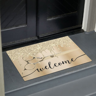 Hair Salon Gold Drips Golden Scissor Welcome Doormat