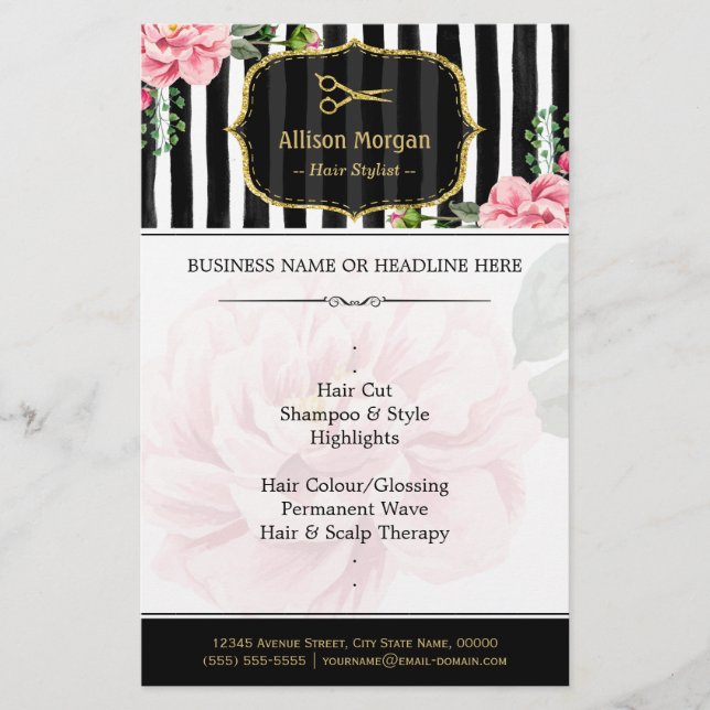 Hair Salon Gold Glitter Black White Floral Flyer (Front)