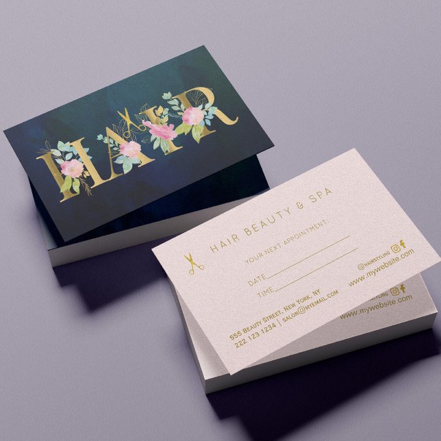 Hair salon gold navy pink blush luxury appointment business card (Creator Uploaded)
