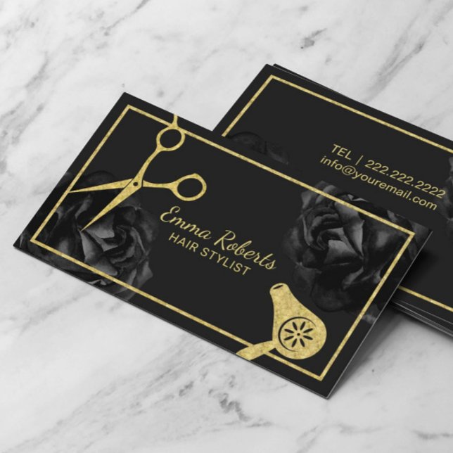 Hair Salon Gold Scissor & Dryer Black Floral Business Card (Creator Uploaded)