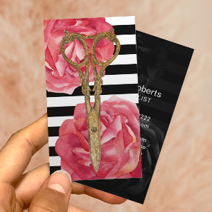 Hair Salon Gold Scissor & Rose Modern Stripes Business Card