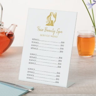 Hair salon gold white elegant price list services pedestal sign