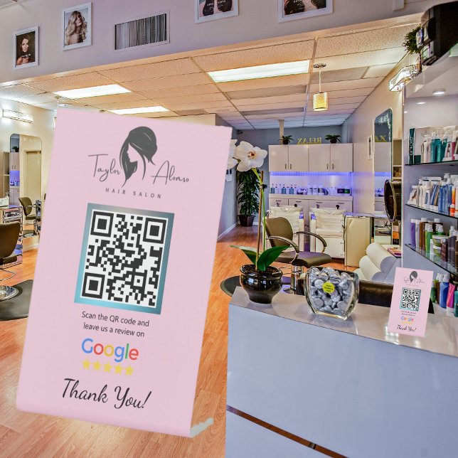 Hair Salon Google Review Pink Pedestal Sign (Creator Uploaded)
