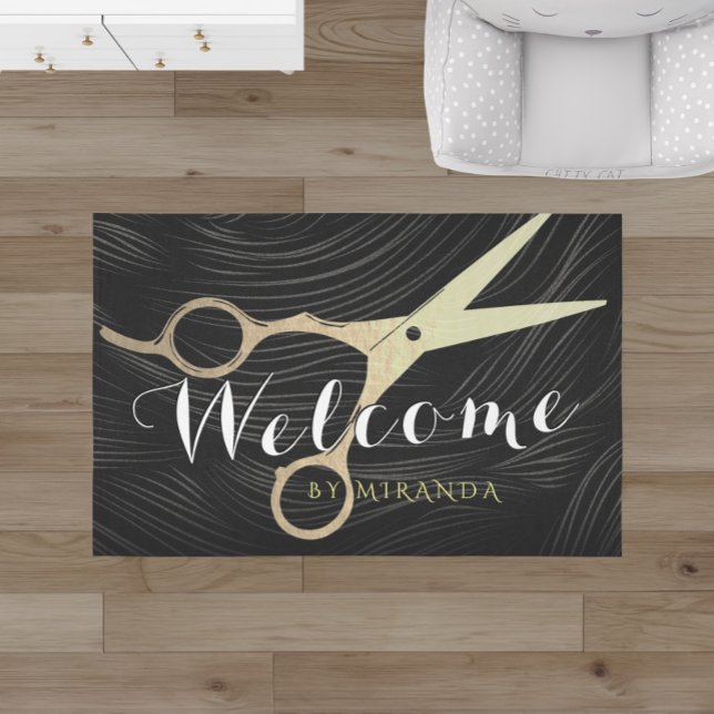 Hair Salon Hairstylist Black Gold Scissors Welcome Doormat (Creator Uploaded)