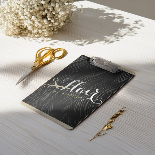 Hair Salon Hairstylist Modern Black Gold Scissors Clipboard (Creator Uploaded)