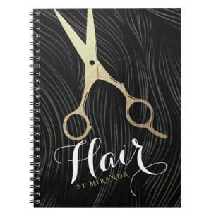 Hair Salon Hairstylist Modern Black Gold Scissors Notebook