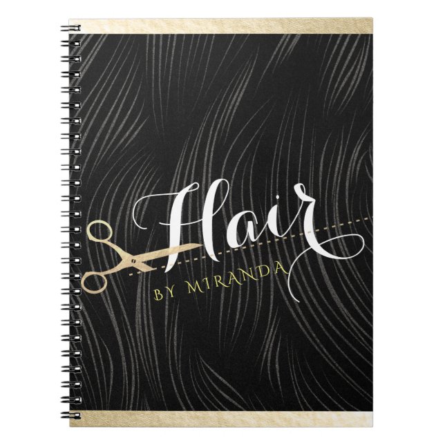 Hair Salon Hairstylist Modern Black Gold Scissors Notebook (Front)