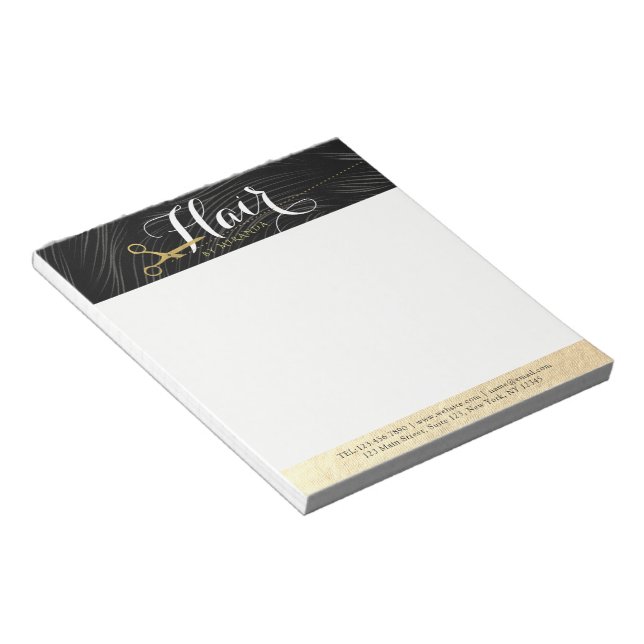 Hair Salon Hairstylist Modern Black Gold Scissors Notepad (Angled)