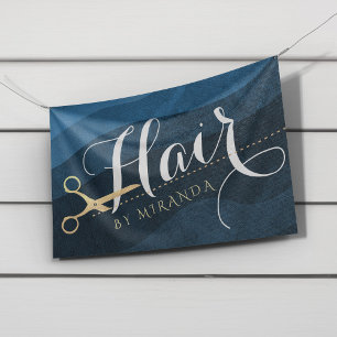 Hair Salon Hairstylist Modern Blue & Gold Scissors Banner