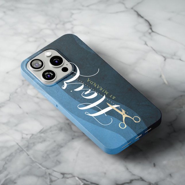 Hair Salon Hairstylist Modern Blue & Gold Scissors Case-Mate iPhone Case (Creator Uploaded)