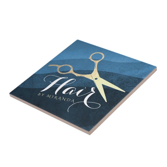 Hair Salon Hairstylist Modern Blue & Gold Scissors Ceramic Tile (Side)