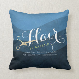 Hair Salon Hairstylist Modern Blue & Gold Scissors Cushion