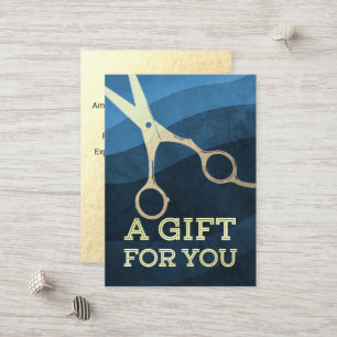 Hair Salon Hairstylist Modern Blue & Gold Scissors Discount Card