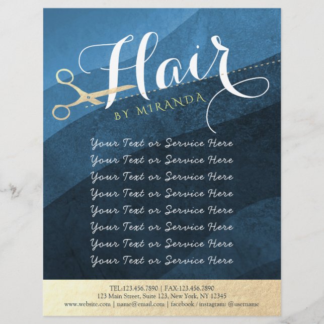 Hair Salon Hairstylist Modern Blue & Gold Scissors Flyer (Front)