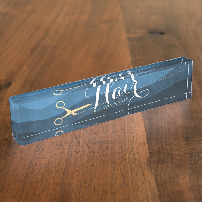 Hair Salon Hairstylist Modern Blue & Gold Scissors Nameplate (Side)