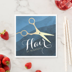 Hair Salon Hairstylist Modern Blue & Gold Scissors Napkin