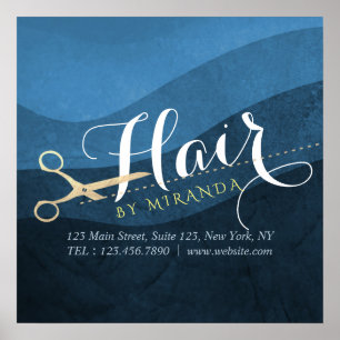 Hair Salon Hairstylist Modern Blue & Gold Scissors Poster