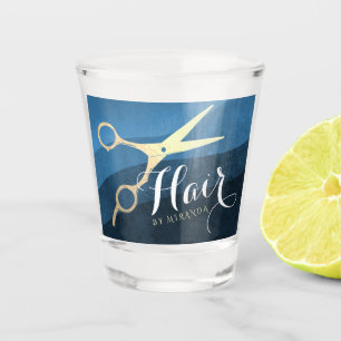 Hair Salon Hairstylist Modern Blue & Gold Scissors Shot Glass
