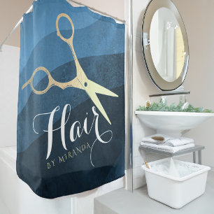 Hair Salon Hairstylist Modern Blue & Gold Scissors Shower Curtain