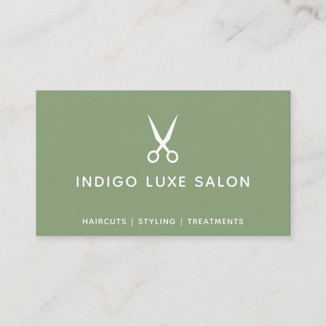 Hair Salon Hairstylist Modern Scissors Sage Green Business Card (Front)
