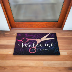 Hair Salon Hairstylist Rose Gold Scissors Welcome Doormat