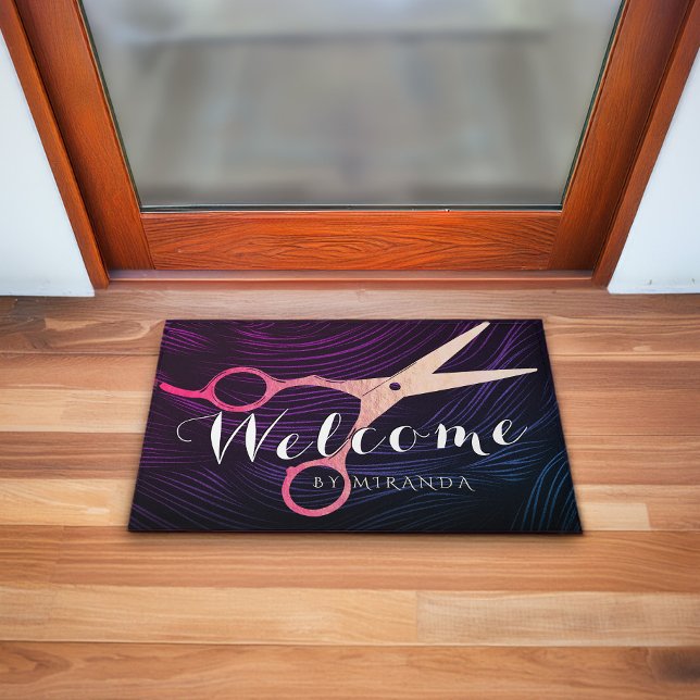 Hair Salon Hairstylist Rose Gold Scissors Welcome Doormat (Creator Uploaded)