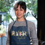 Hair salon hairstylist's name and typography logo apron<br><div class="desc">Personalised hairstylist / hair dresser name dark navy blue apron with blush pink and faux gold foil floral typography logo.</div>